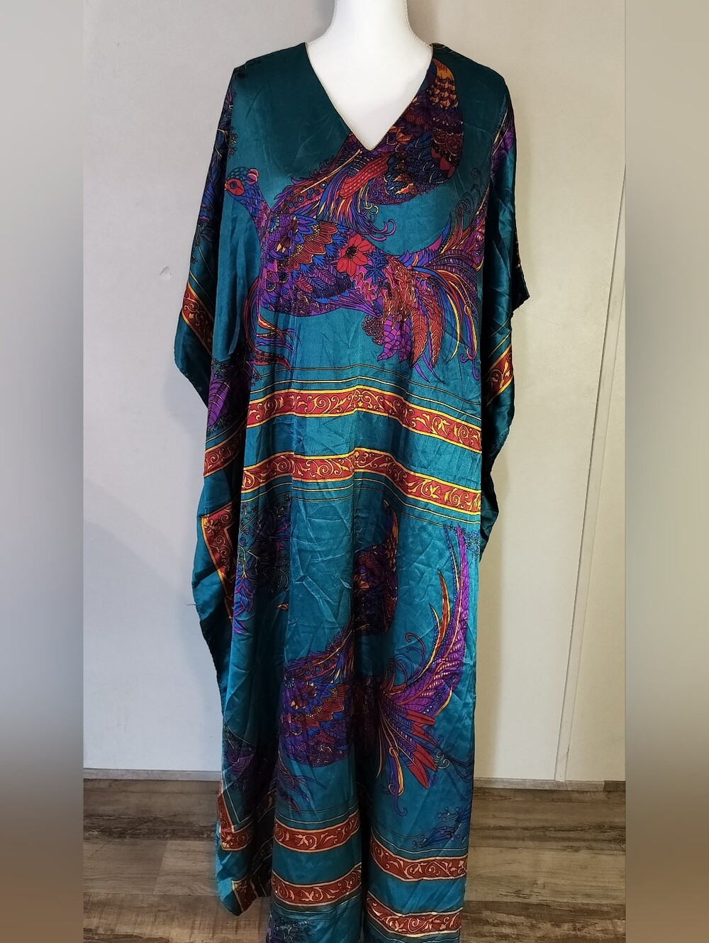 Teal Peacock Print V-Neck Swim Cover-Up Kaftan